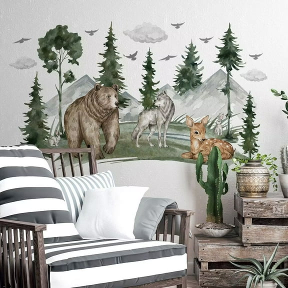 Green Tree Forest Wall Decals 3D Jungle Wild Animals Wall Stickers DIY Peel and Stick Watercolor Woodland Safari Bear Wolf Deer Mountain Trees Decor for Kids Boys Bedroom Living Room Nursery