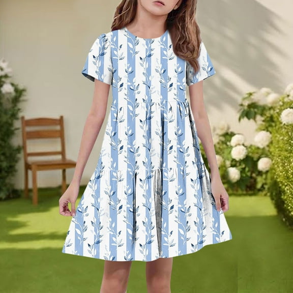 Spazoro Toddler Girls A-Line Dress, Short Sleeve Round Neck Casual Floral Print Princess Dresses for Child Girls Light Blue Size 13-14T