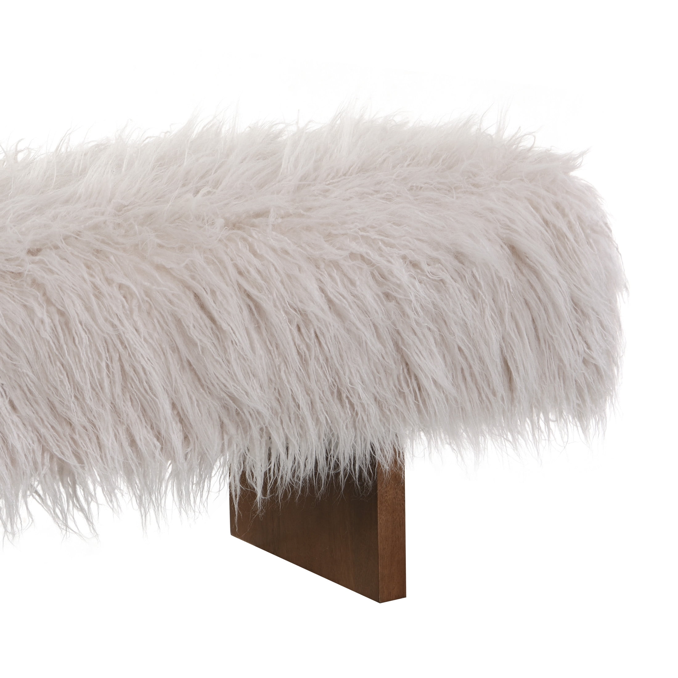 Christopher Knight Home 67" Wooden Bench with Long-Haired Faux Wool Upholstery, 3-Person Seat, Brown+White