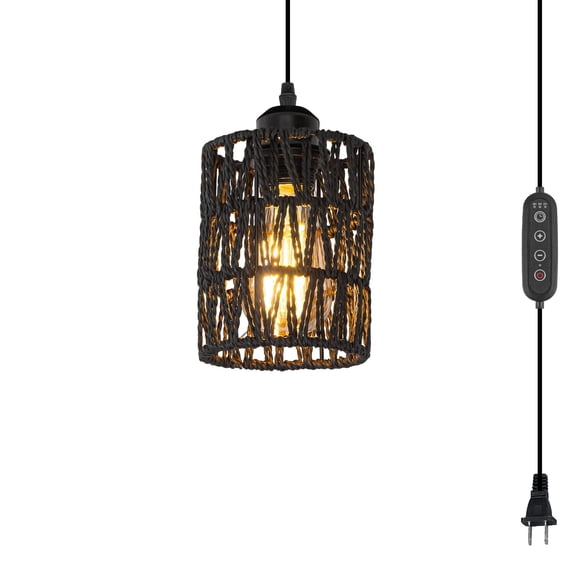 FSLiving Automatically Hanging Swag Lamp no Wiring Needed Portable Twine Natural Rattan Shade Mini Pendant Lighting, 15ft Plug-in Dimmer & Timer Cord Smart Plant Light for Vaulted Ceiling Black