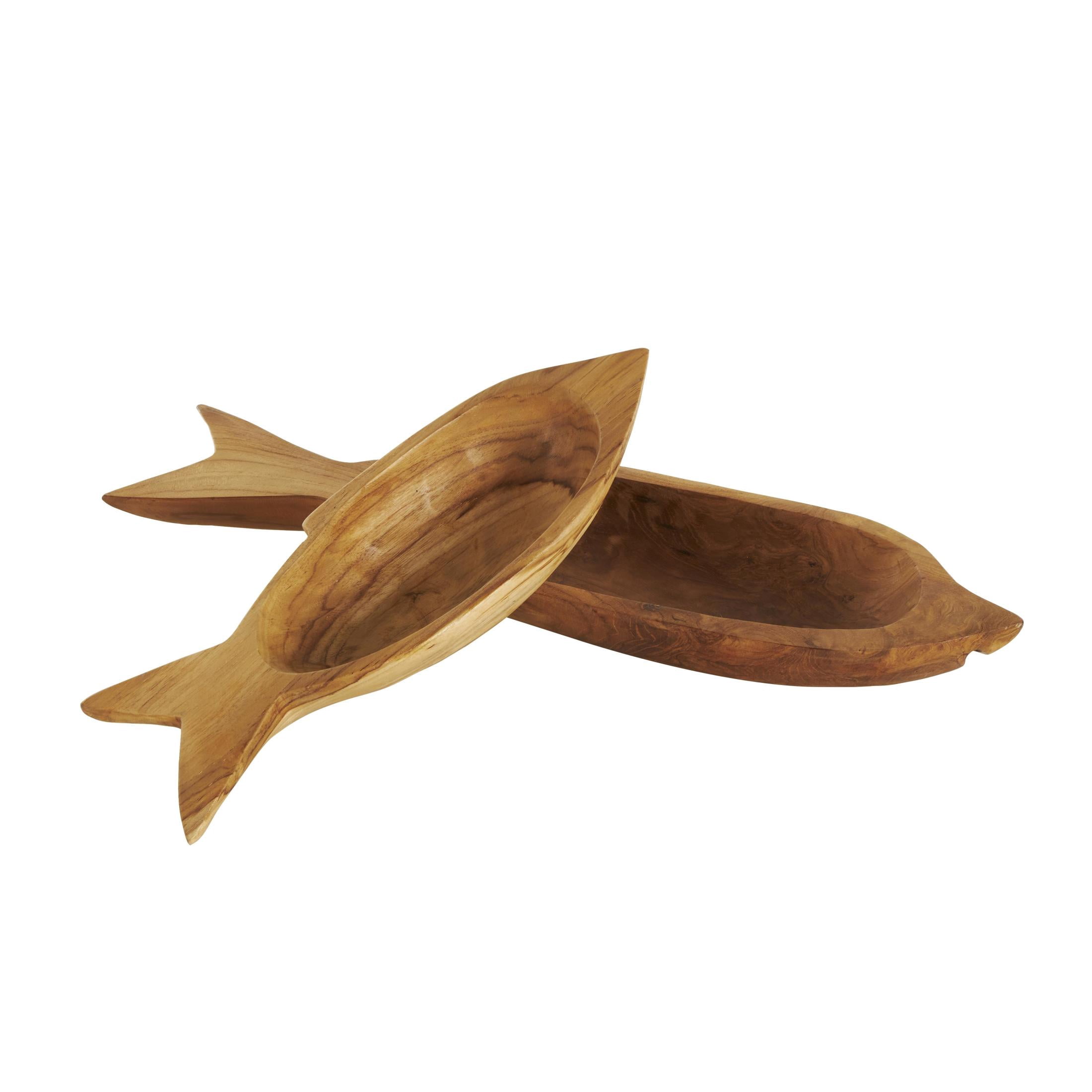 DecMode 23", 5"W Brown Teak Wood Handmade Carved Fish Tray, 2-Pieces