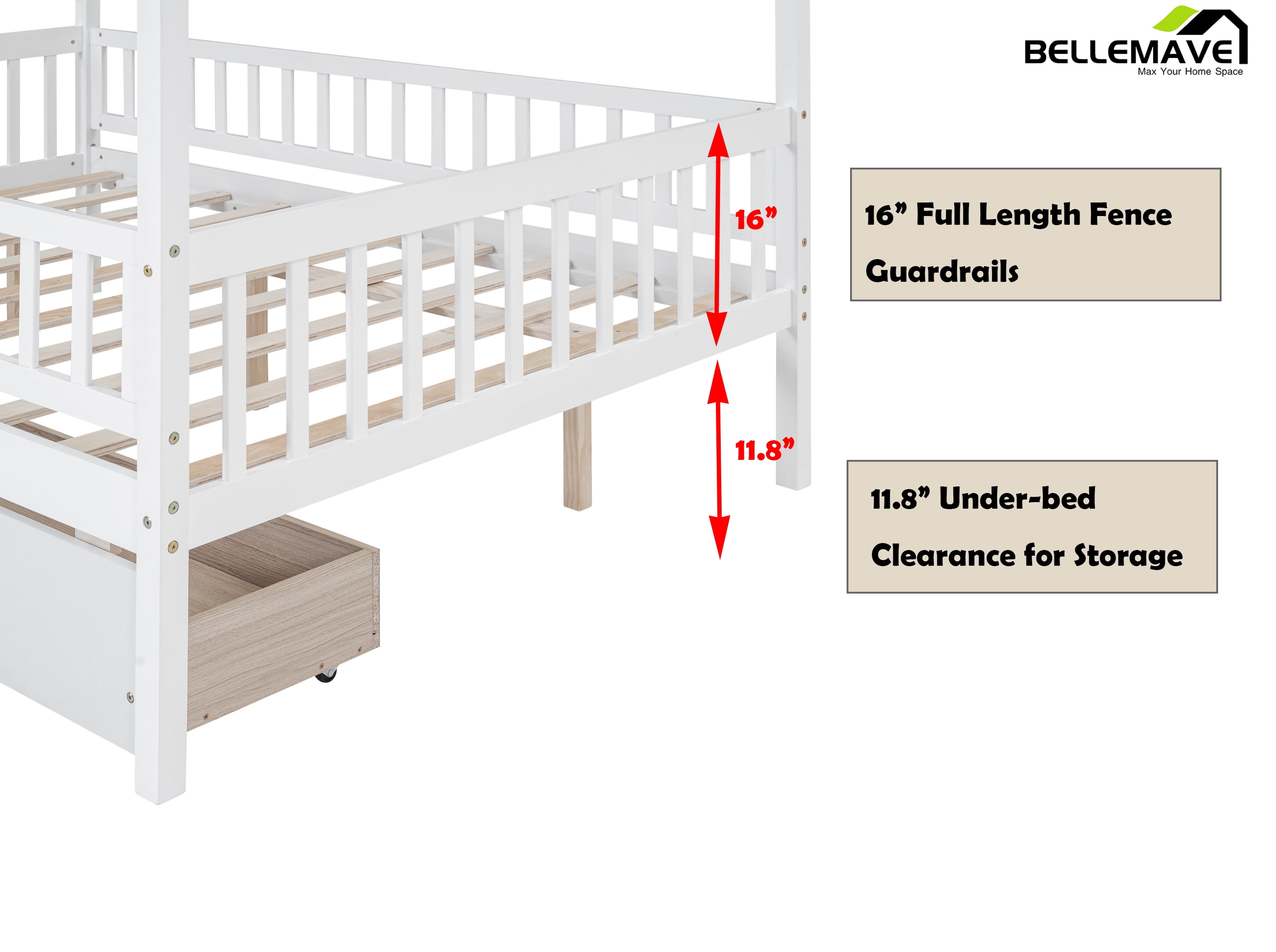 Bellemave Full Size House Bed with Storage Drawers Playhouse Platform Bed Wooden House-shaped Bed Frame with Fence Guardrail and Roof (Full size, White)