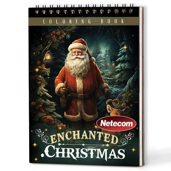 Netecom Christmas Enchanted Coloring Book Spiral Bound For Adults, A5 Wooden Cover, 30 Charming Coloring Pages of Mystical Christmas Worlds for Stress Relief and Relaxation