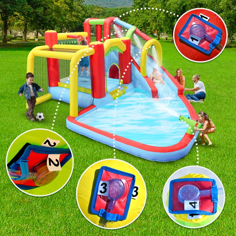 7-in-1 Mega Outdoor Inflatable Water Park: Slide, Soccer Bouncer, Splash Pool, Water Gun, Climbing Wall, Basketball & Football