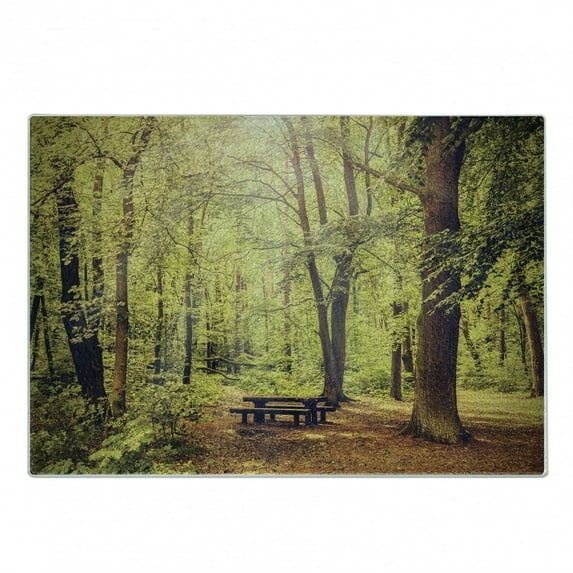 Forest Cutting Board, Picnic Table in the Forest Foliage Greenery Nature Theme Summer and Winter Theme, Decorative Tempered Glass Cutting and Serving Board, Small Size, Green Brown, by Ambesonne