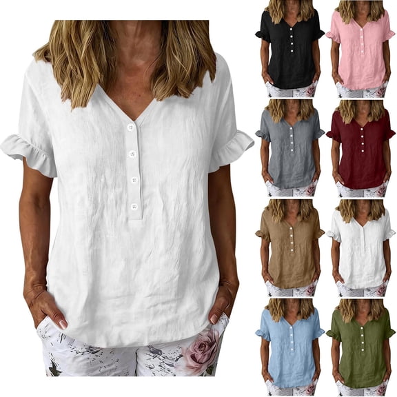Ihhxva Women's Linen Tops V-Neck Blouse Loose Fit Button Detail Flutter Sleeves Casual Summer Top Airy Flowy Tunic for Beach Vacation S-2XL