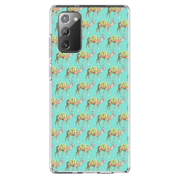 DistinctInk Clear Shockproof Hybrid Case for Samsung Galaxy Note 20 (6.7" Screen) - TPU Bumper, Acrylic Back, Tempered Glass Screen Protector - Preppy Pattern - Camels on Teal Background