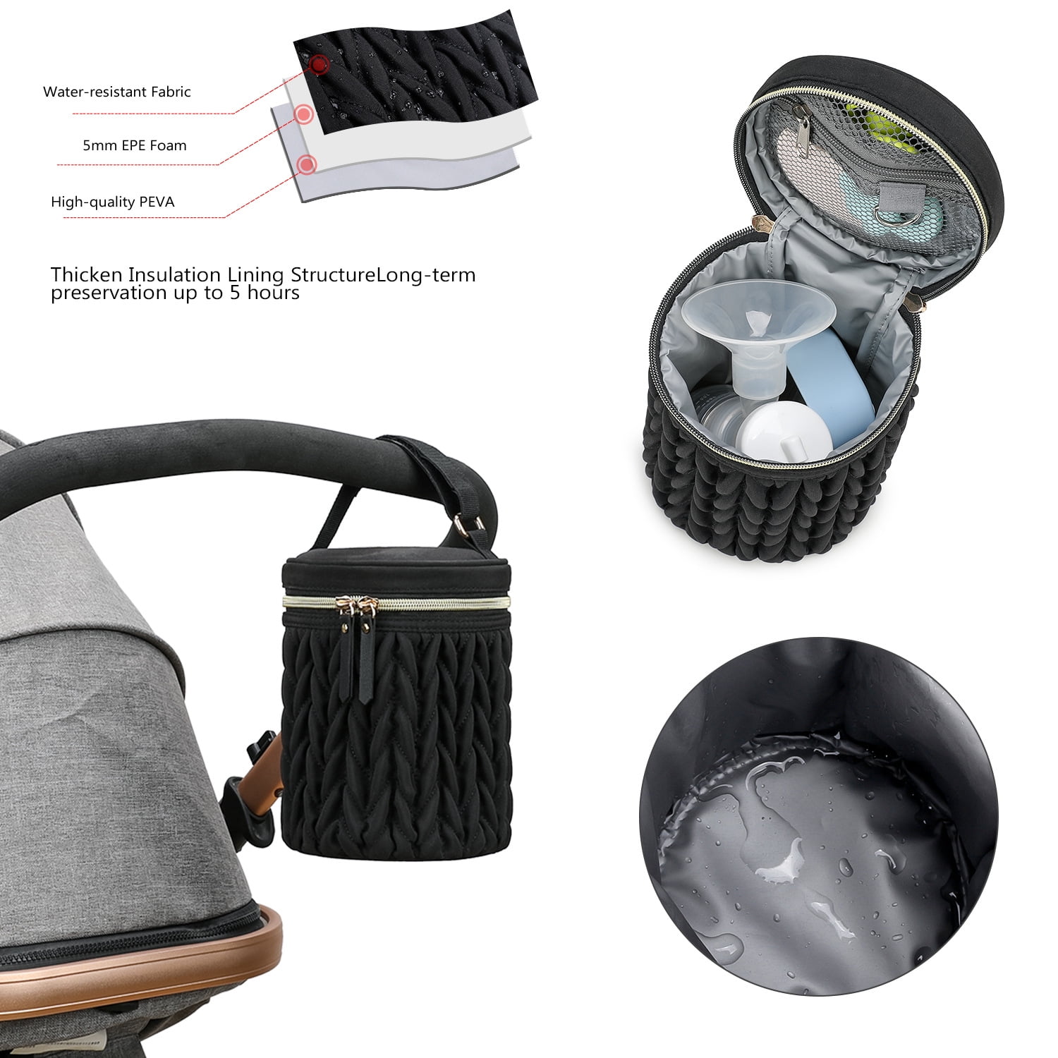 Insulated Baby Bottle Bag, 5.5"×7.48" Breastmilk Cooler Bag with Food-Grade PEVA Lining, Waterproof 300D Polyester Milk Bottle Tote for Nursing Mom, Multi-Use Insulated Lunch Bag for Work/Picnic/Camp