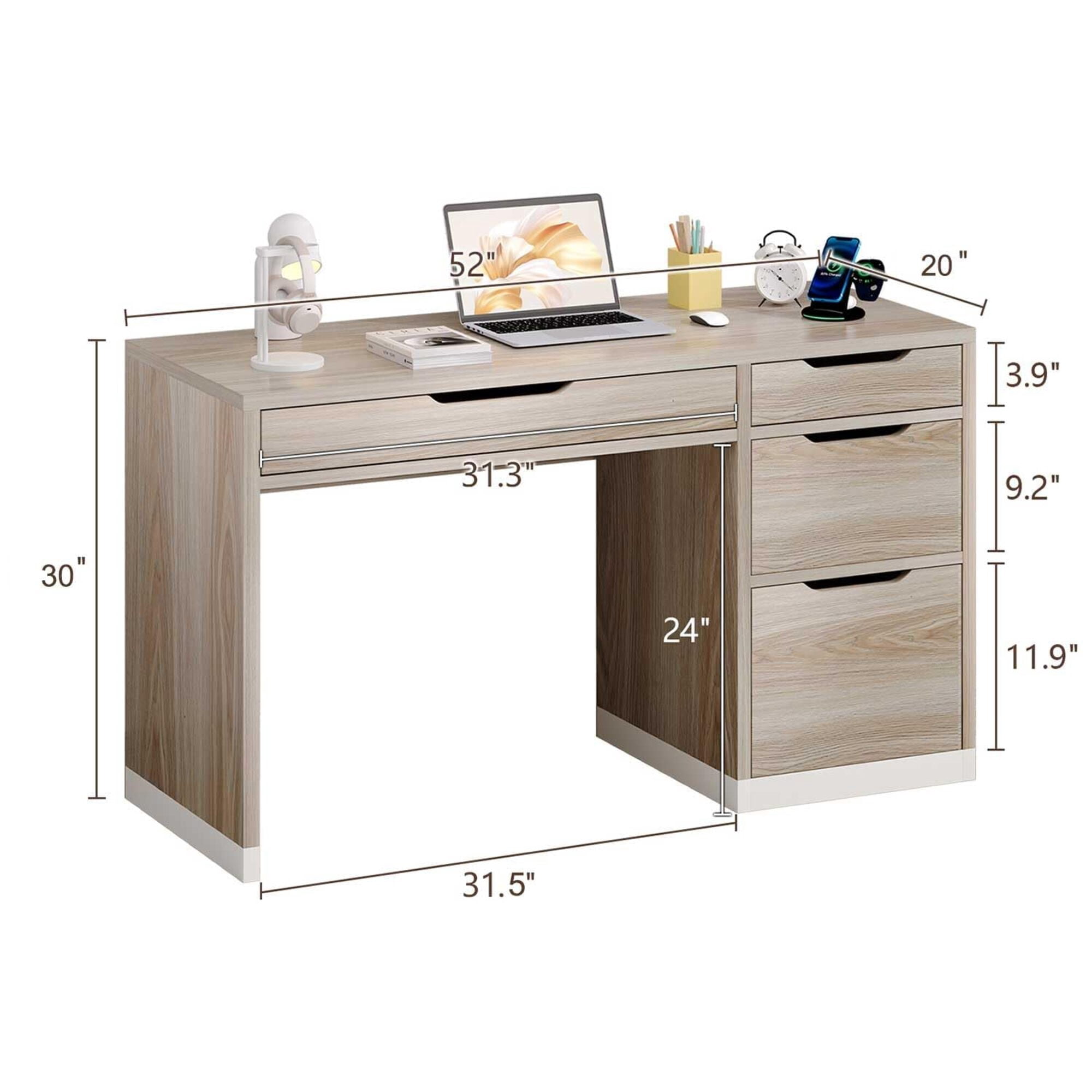 52-Inch 4-Drawer Natural Wood Computer Desk, Small Space Home Office Desk with Categorized Storage Drawers