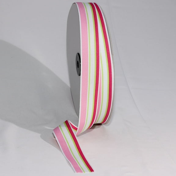 The Ribbon People Striped Pink and White Woven Grosgrain Craft Ribbon 1" x 55 Yards