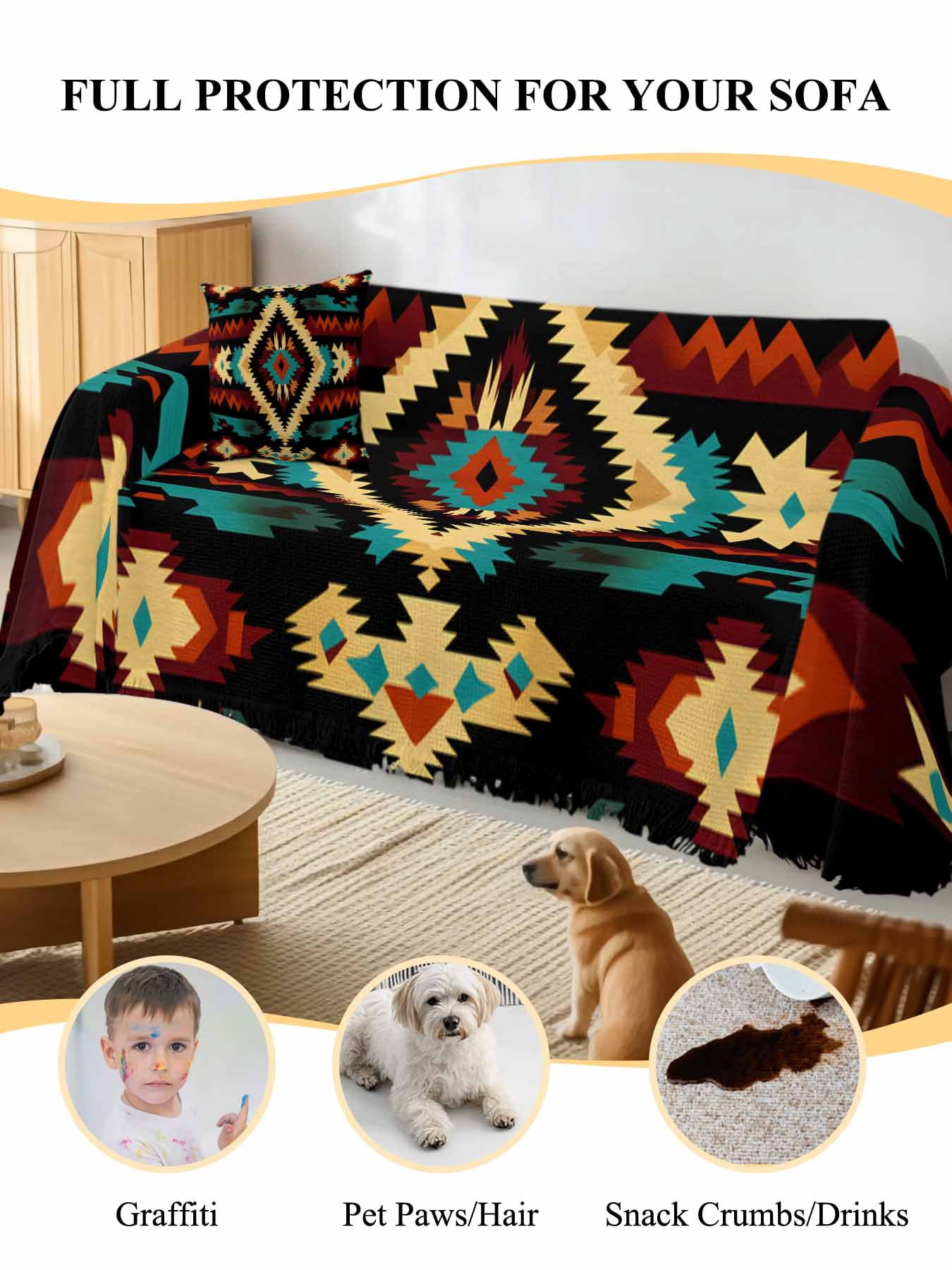 Boho Orange Teal Couch Cover, Vintage Geometric Southwestern Ethnic Sofa Cover Blanket for 3 Cushion Couch,Sectional Sofa Slipcover Furniture Protector for Living Room Bedroom 71''x134''