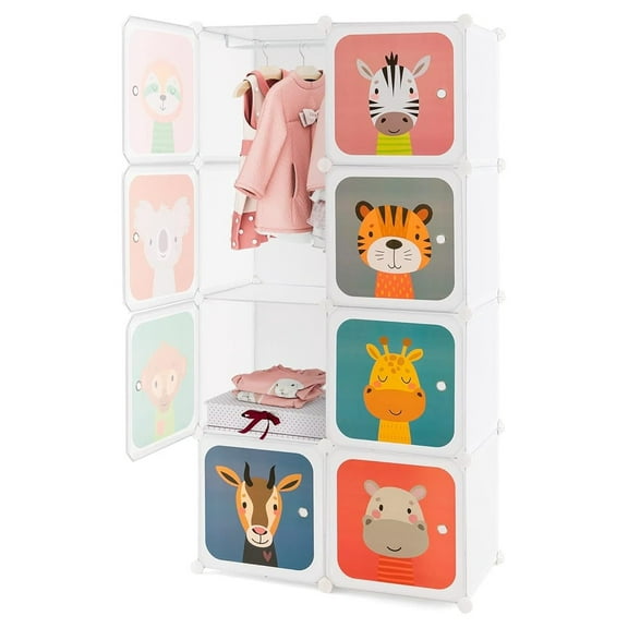 Kids Wardrobe Closet, Baby Clothes Storage Organizer, 8 Cubes & 2 Hanging Sections, Portable Children DIY Modular Bedroom Armoire Dresser Cabinet for Boys Girls (White)