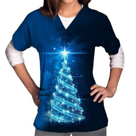 

Zeceouar Ugly Christmas Scrubs Tops for Women Womens Sequin Christmas Tree Print Hoilday Professional Medical Scrubs Short Sleeve Nursing Working Uniform Pockets Blouse on Clearance
