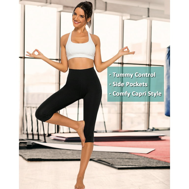 SEASUM Women's Yoga Capri Leggings With Pockets High Waist Athletic Workout  Pants Black XL