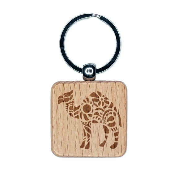 Intricate Dromedary Arabian Camel Square Keychain Charm Tag - Engraved Wood