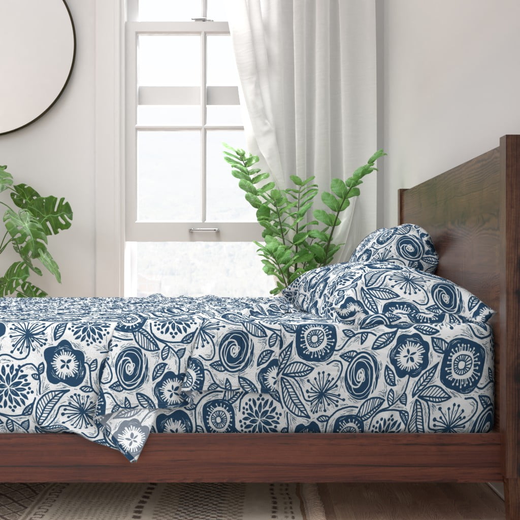 Botanical Block Floral Decor Navy Blue 100 Cotton Sateen Sheet Set by
