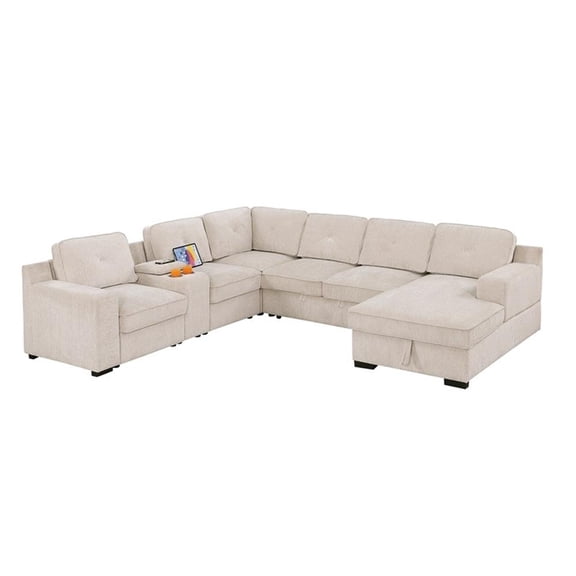 Pemberly Row Chenille Living Room Set Pull Out 6-Seater Sofa Bed in Beige