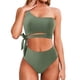 thumbnail image 2 of Conjunto de bikini de dos piezas con un hombro al descubierto y cintura alta, elástico, transpirable, acolchado y sin aros para mujer, color verde L, 2 of 6