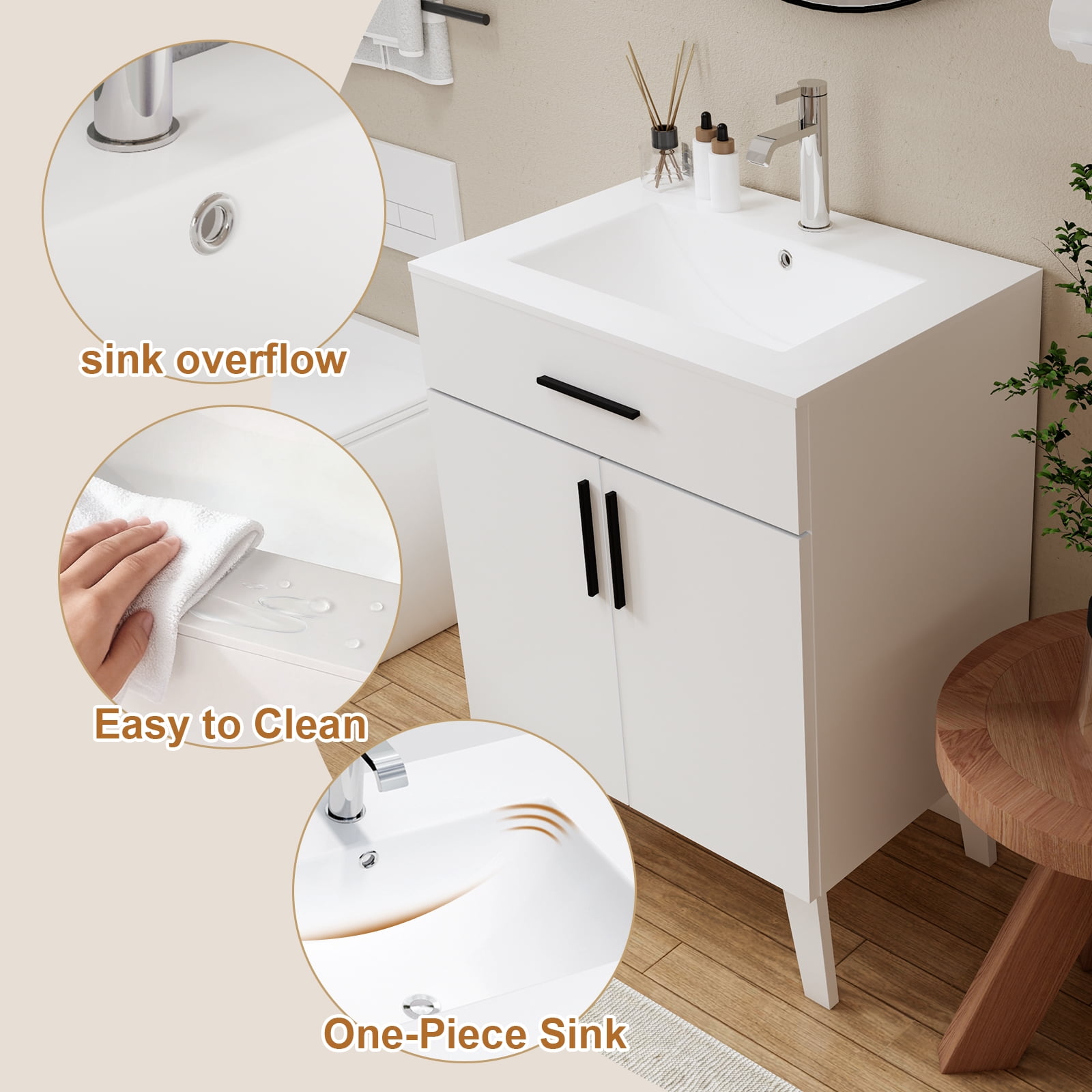 24" Bathroom Vanity with Sink, Vanity Combo with Two Soft Close Cabinet Doors, Modern Single Bathroom Cabinet Set with Metal Handles (White with Sink, 24)