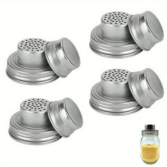 EASTIN 4pcs Universal Stainless Steel Mason Jar Shaker Lids with Silicone Seals for Dredge Flour Mix Spices Sugar Salt Peppers and Any Regular Mouth Mason Jar Canning Jar