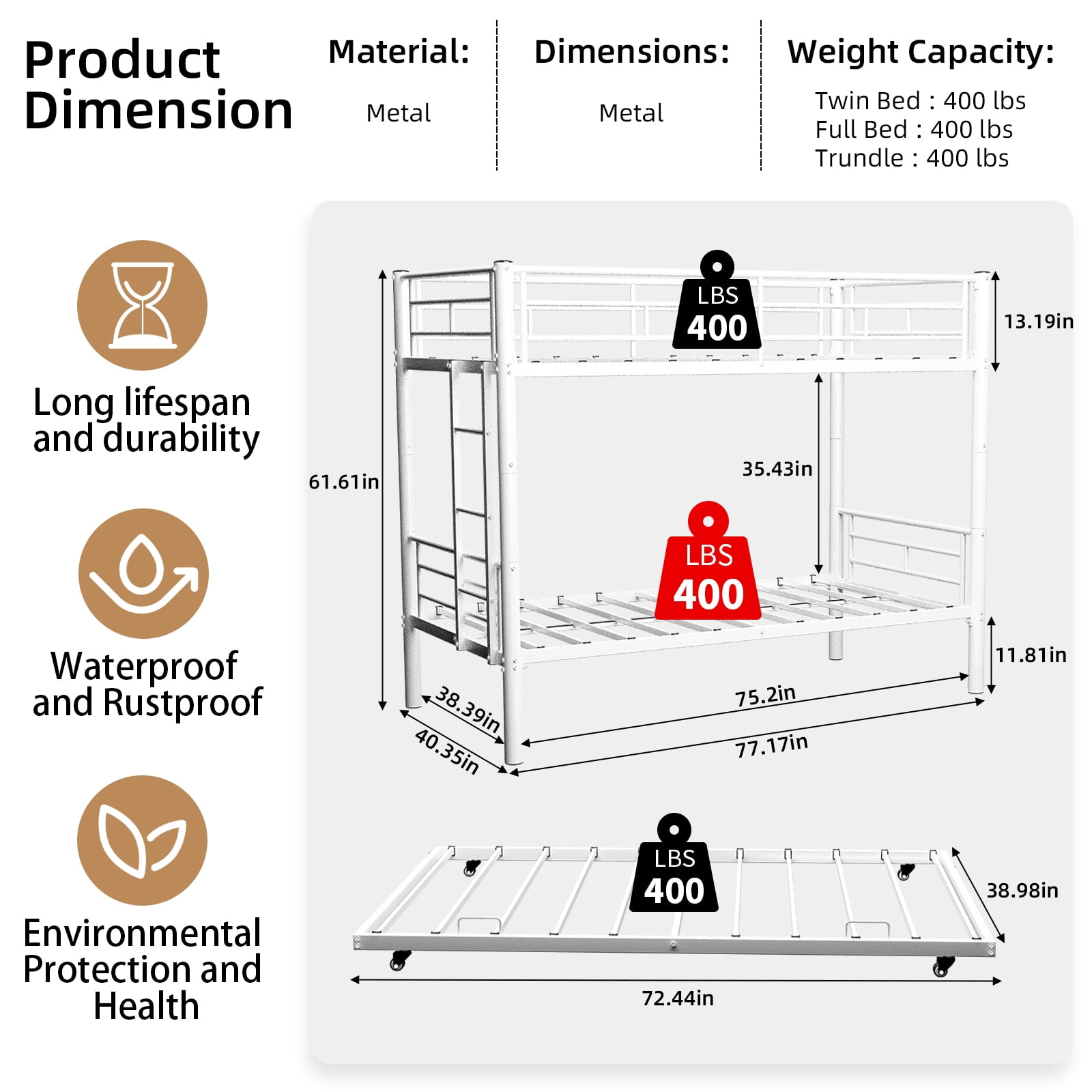 Alvantor Twin Bunk Bed with Trundle for Kids and Teens, Heavy Duty Metal Bed Frame, Triple Bunk Bed with Safety Rail Side White