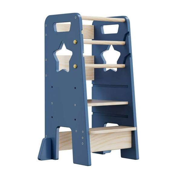Toddler Standing Tower, 3 Levels Height-Adjustable Wooden Kitchen Stool Helper for Kids with Removable Safety Bars, Mist Blue