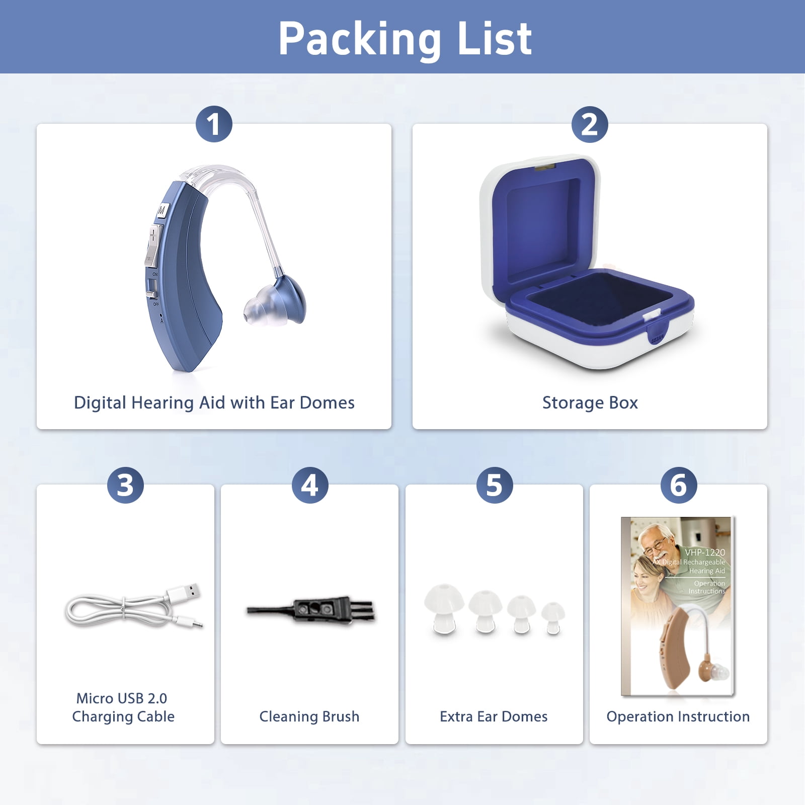 HIBRIQ Digital Hearing Aid for Seniors, Rechargeable Sound Device For Hearing Loss, Clear Sound, Single, Blue