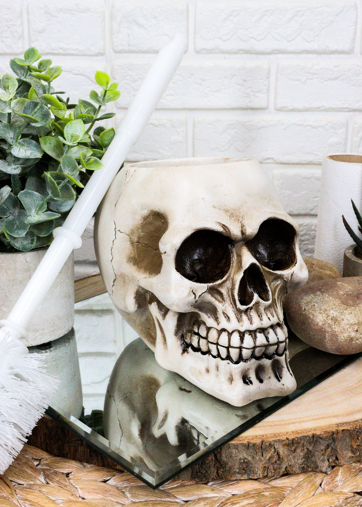 Macabre Grinning Skull Cranium Toilet Brush & Base Holder Bathroom 2 Piece Set
