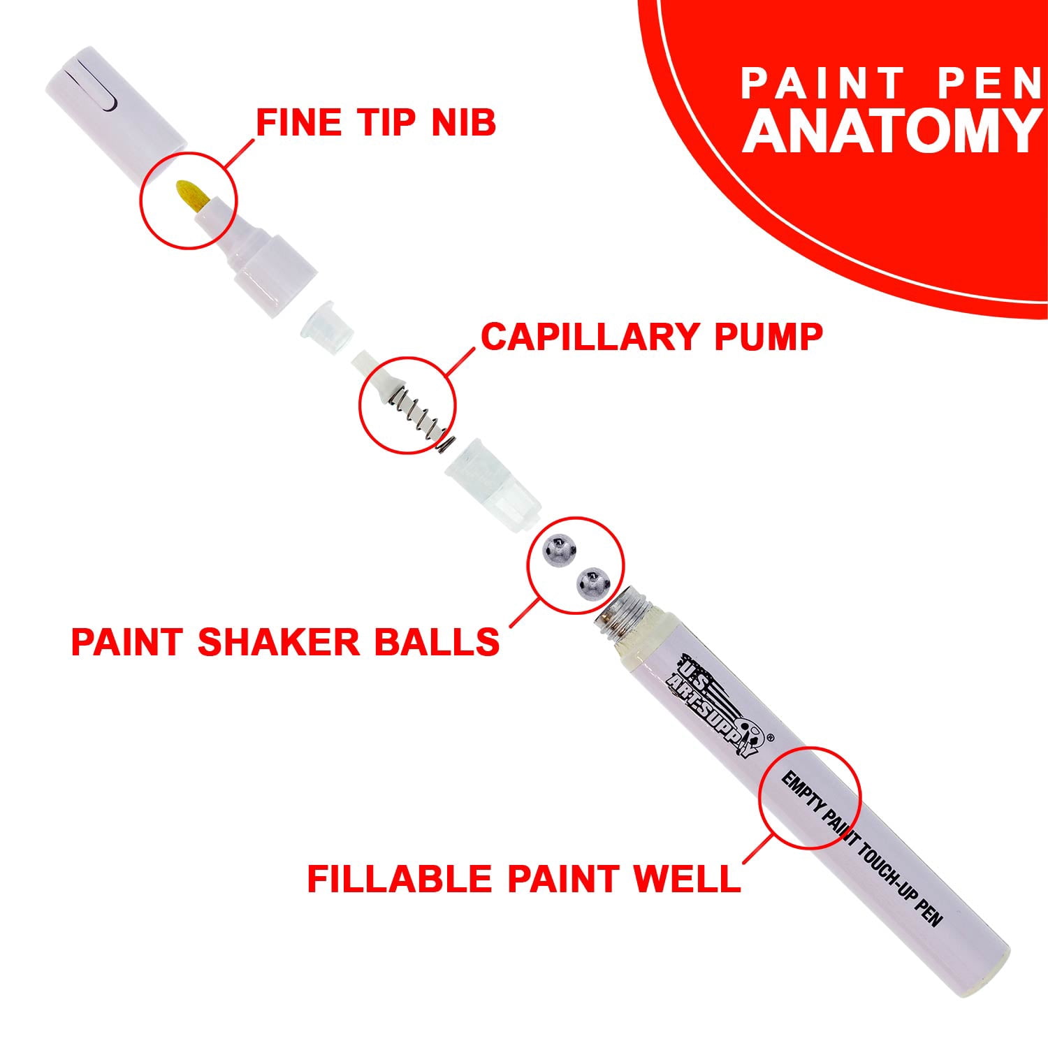 U.S. Art Supply Empty Paint Touch-Up Marker Pen Blank - Aluminum Body Fillable 4.5mm tip (Pack of 36)