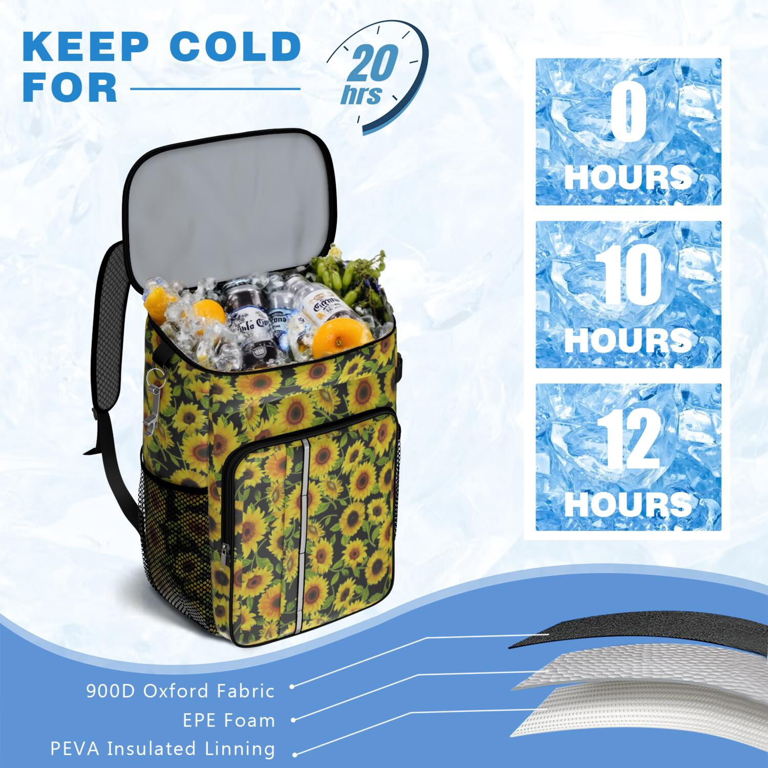 Travel Cooler Bag - Sunflower Camping Beer Cooler Backpack with Bottle Opener- Waterproof Insulated Picnic Backpacks - Cooler Bag for Beach
