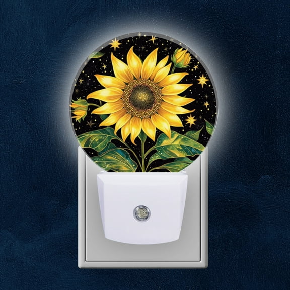 Round LED Night Lights Lamp with Dusk to Dawn Sensor, Black Background With Yellow Sunflowers Night Light Plug Into Wall for Kids Room, Bedroom, Bathroom, Kitchen, Hallway