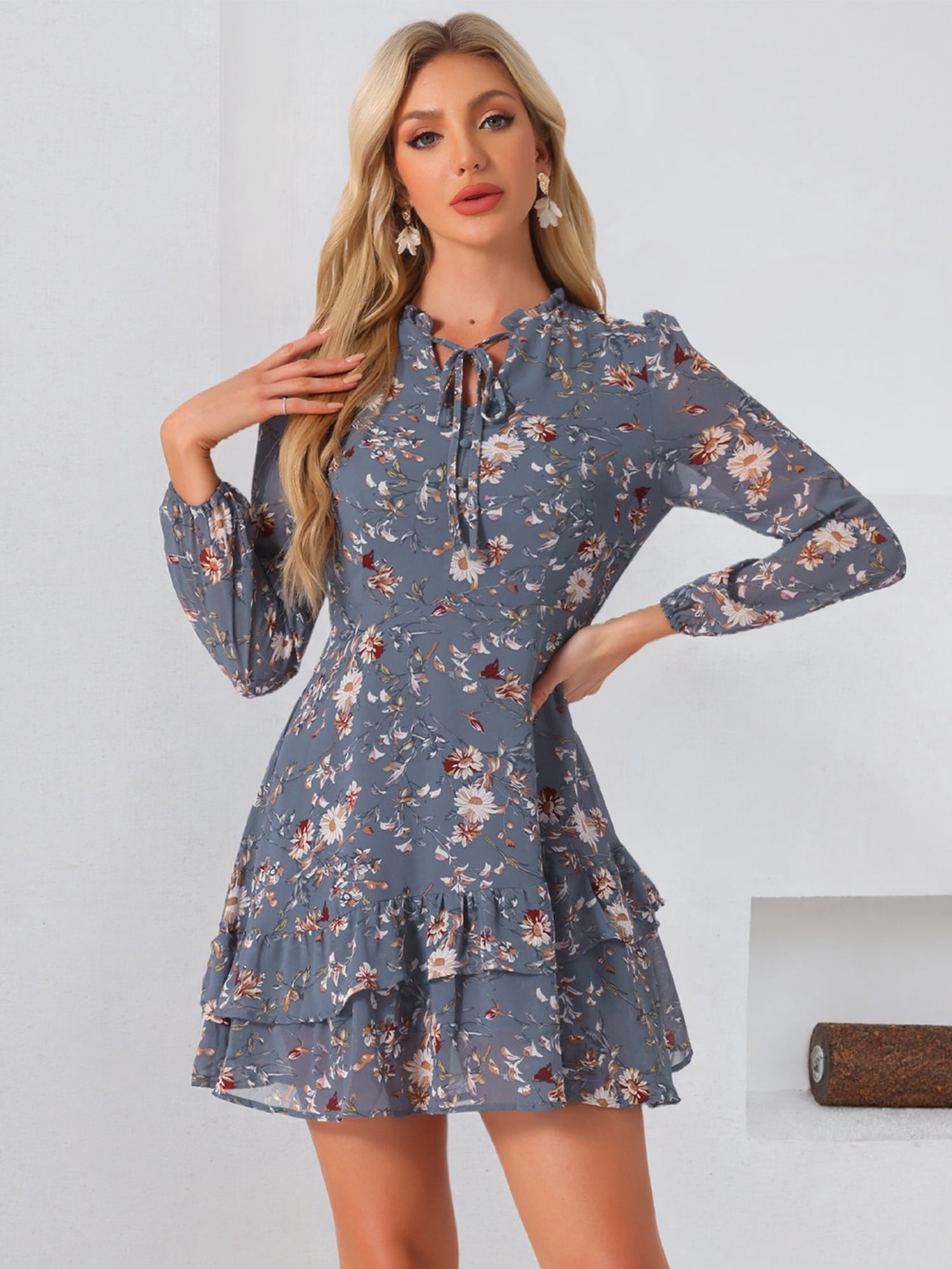 DARING DIVA Women's Layered Tiered Semi Sheer Chiffon Mini Dress S Blue Grey