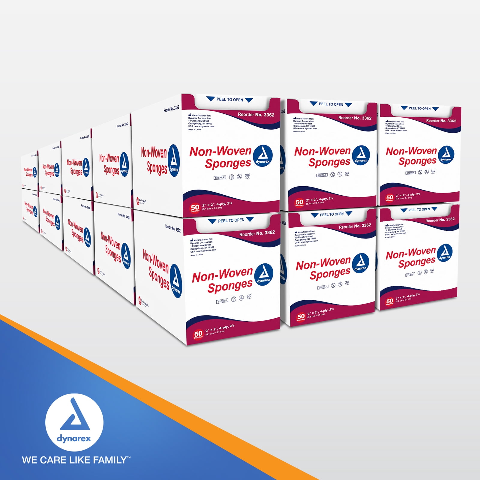 Dynarex Non-Woven Sponges, Sterile Gauze Sponges, for Cleansing, Prepping and Dressing, 2" x 2", 4 Ply, 1 Case of 1500 (30 Boxes of 50)