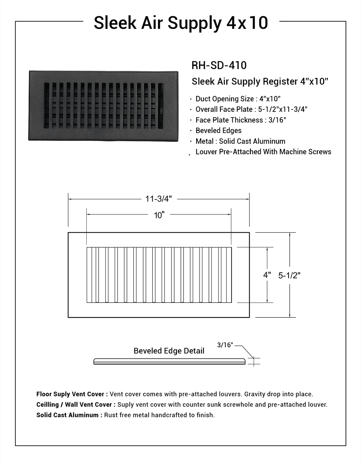 Sleek Vent 4"x12" Duct Opening (Overall 5-1/2"x 13-3/4") Solid Cast Aluminum Register Cover | Powder Coated White with holes