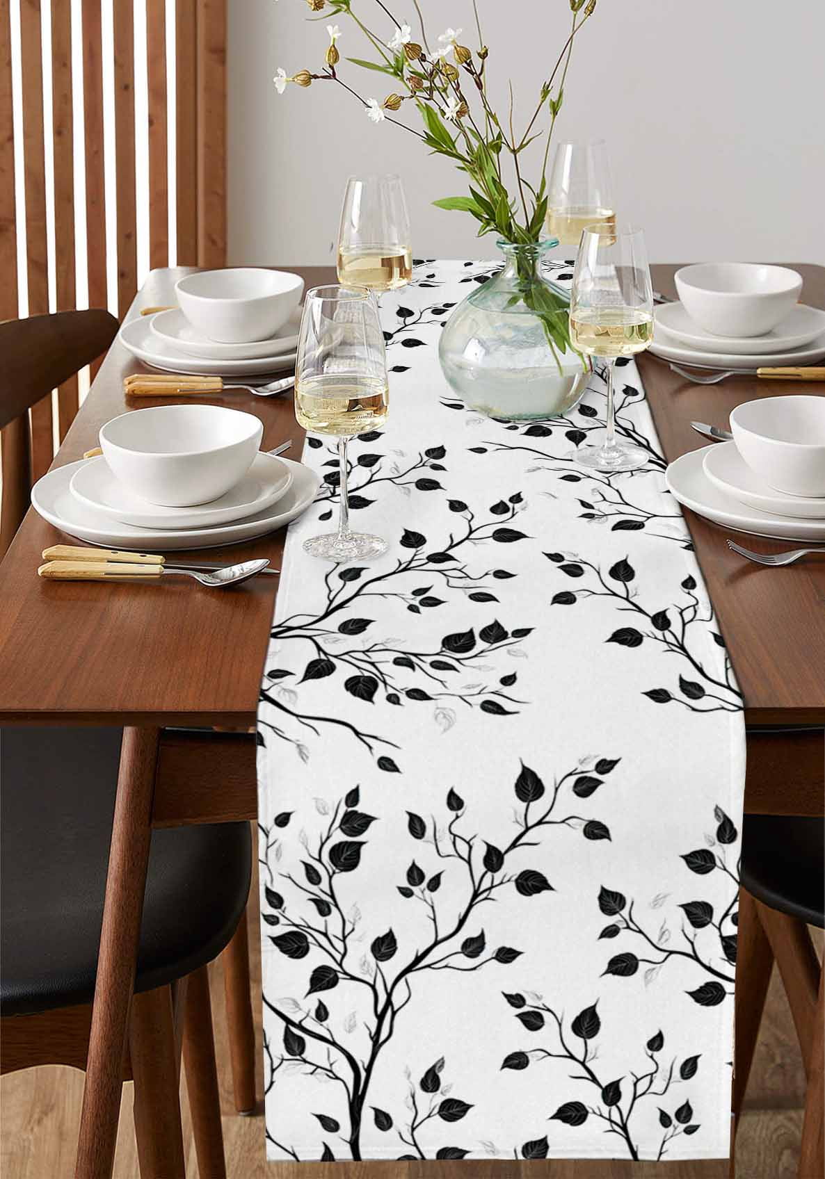 Black White Leaves Table Runner Minimalist Natural Trees Watercolor Tablerunners 13 x 90 Inch, Table Decorations Tabletop Scarf for Summer Gathering Holiday Farmhouse Kitchen Dining Decor
