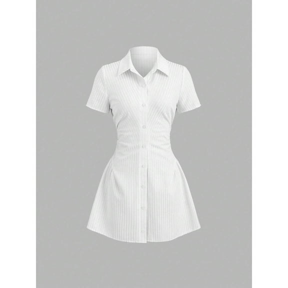 White Short Sleeve Shirt Dress With Collared Neck And Button Front, Fit & Flare Silhouette For Summer