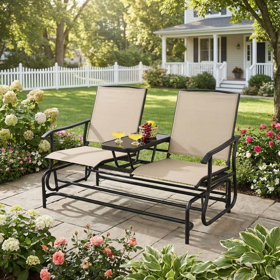 Spaco 2-Person Double Rocking Loveseat with Mesh Fabric and Center Tempered Glass Table