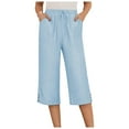 thumbnail image 3 of felwors Capris Pants for Women Cotton Linen Casual Summer 2025 Straight Wide Leg Loose Drawstring Elastic Waist Cropped Trouser Sky Blue, XXL, 3 of 8