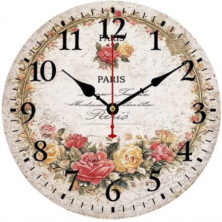 9 . 84 Inch Vintage Paris Rose Wall Clock, French Country Floral Battery Operated Analog Clock with