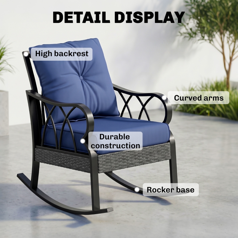 HOQBN 2-Piece Outdoor Wicker Rocking Chairs, Rattan Porch Rockers with Cushions, Aluminum Frame for Garden, Patio, Blue
