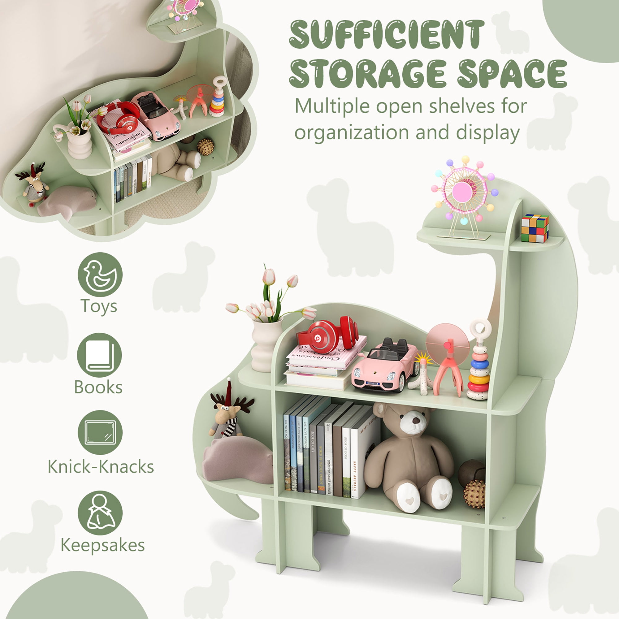 Gymax 3-Tier Dinosaur Kids Bookshelf Toy Storage Organizer Montessori Book Shelf