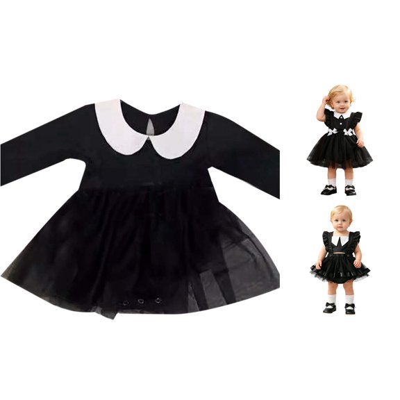 AWZXDE Toddler Girl Halloween Black Tutu Dress Collar Ruffle Sleeve Bow Baby Party Outfit Black-3 - 0-6 Months