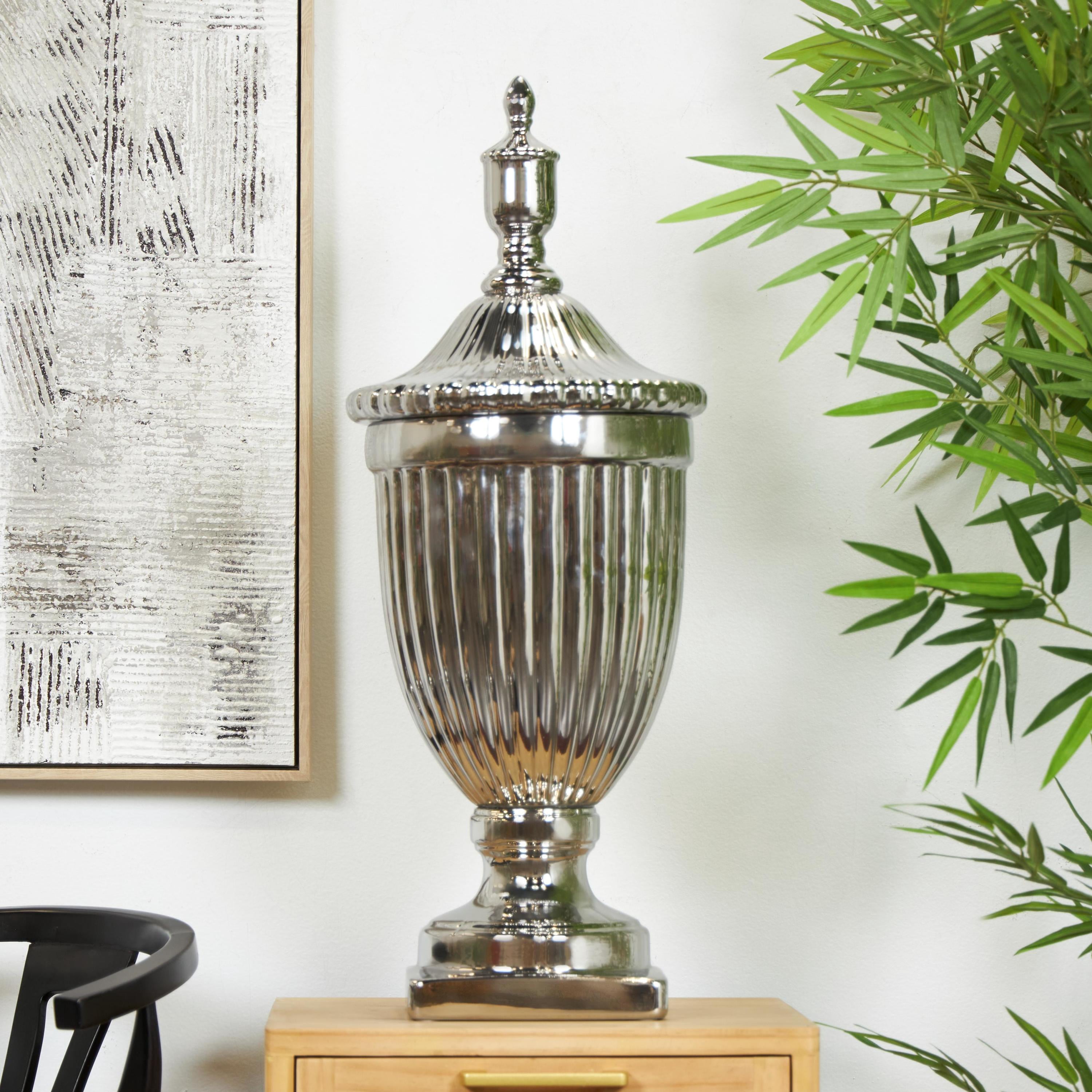 DecMode 12" x 32" Silver Ceramic Tall Decorative Jars with Grooves, 1-Piece