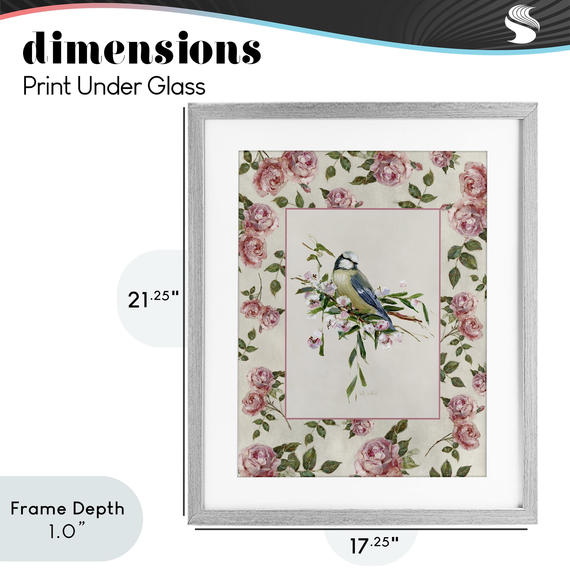 Stupell Industries Dainty Roses & Perched Bird Gray Framed Print Under Glass, design by Sally Swatland