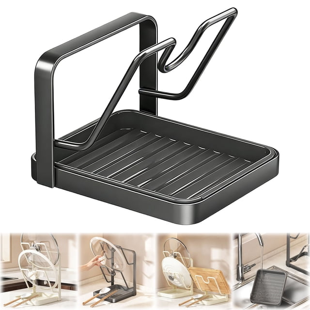 1Pc Pot Lid Organizer Rack - 1/2 Tier Pot Lids Holder with Removable Drip Tray for Countertop,Pot and Pan Covers Holder Rack,Ladle Holder,Easy Storage,Cooking Utensil Holder Organizer(A)