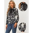 thumbnail image 2 of Blusa de satén de manga larga con cuello anudado en contraste floral para mujer Negro S, 2 of 6