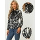 thumbnail image 2 of Blusa de satén de manga larga con cuello anudado en contraste floral para mujer Negro S, 2 of 6