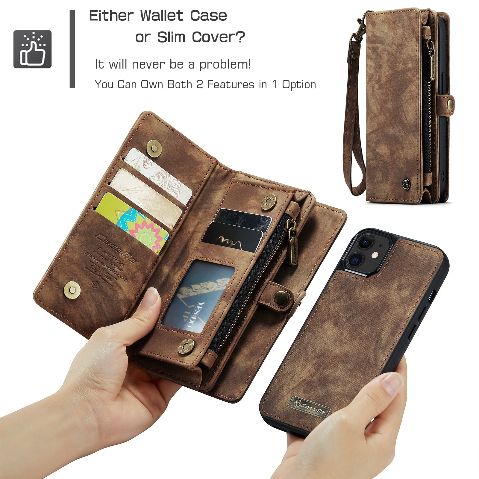 Feishell Durable 2-In-1 Magnetic Detachable Wallet Case for iPhone 12 / iPhone 12 Pro,for Women Men,Premium PU Leather Zipper Pocket Flip Multi Card Slots Purse Phone Case with Wrist Strap,Darkbrown