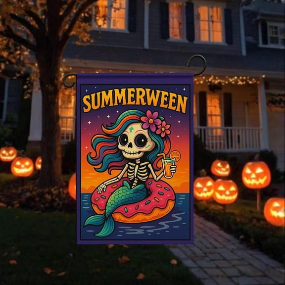 Summerween Mermaid Skeleton Flag, Fun Halloween Beach Decoration, Spooky Pool Float Banner, Vibrant Yard Art, Garden Sign, Cute Halloween Yard Decoration