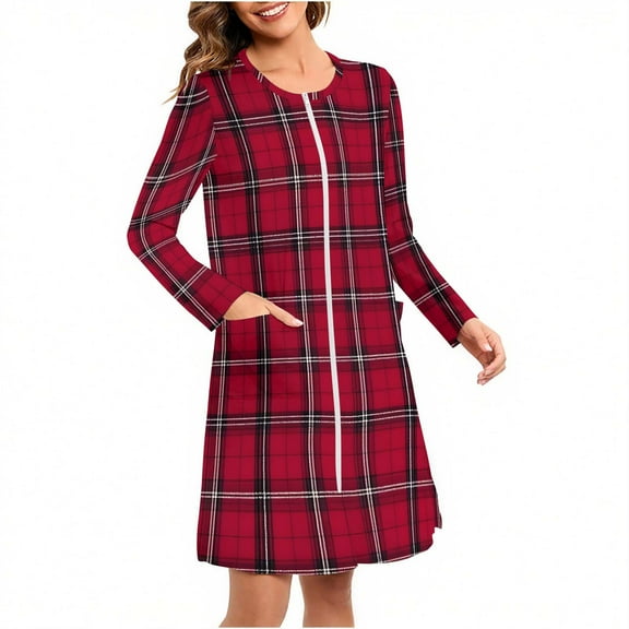 SwiftWear Festive Plaid Flannel Nightgown for Women - Christmas Print Robe with Long Sleeves, Cozy Home Loungewear for Holiday Season